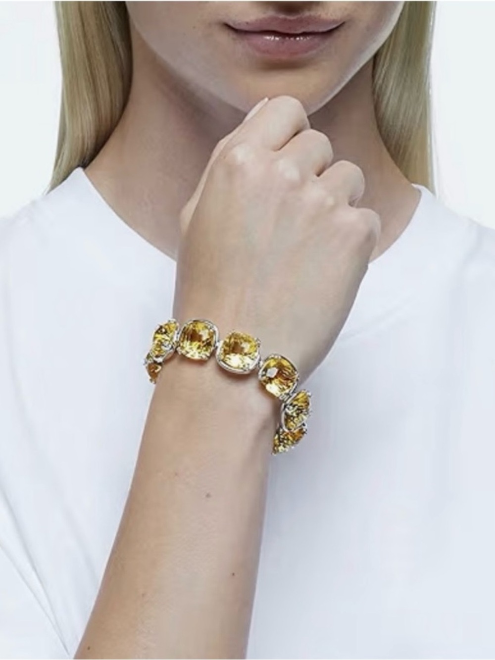 New Swarovski Silver-Tone Yellow Cushion-Cut Crystal Flex Bracelet. $400